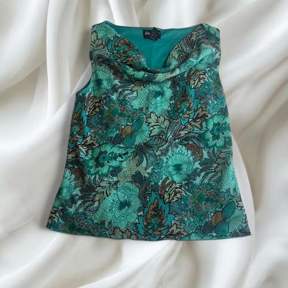Teal brown floral cowl neck graphic babydoll fairy top y2k vintage euro